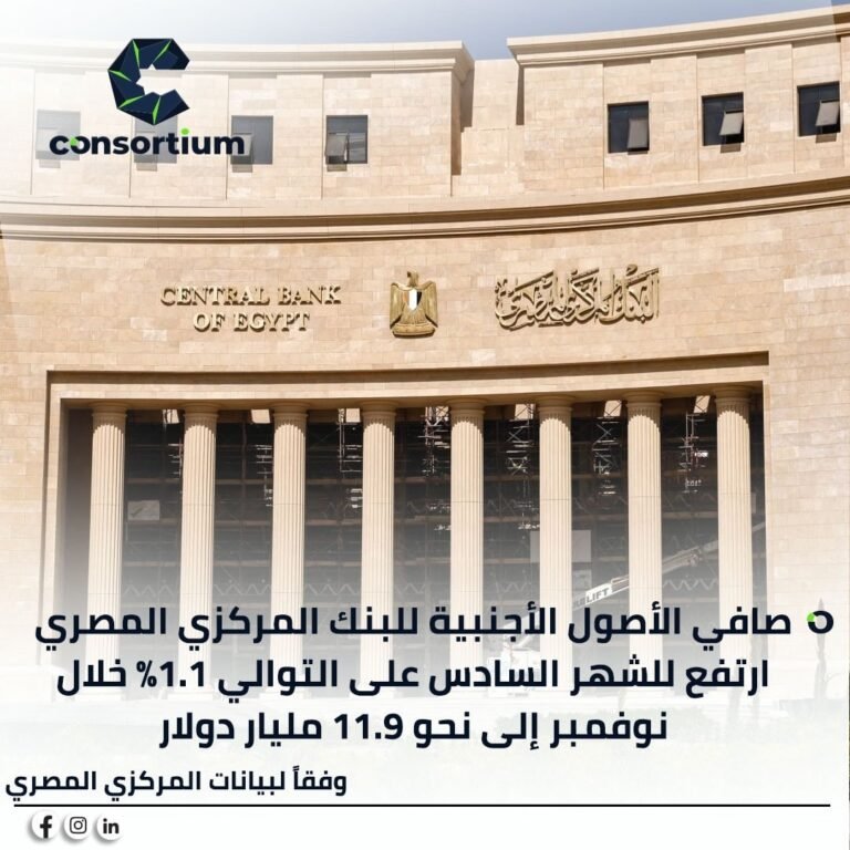  صافي الأصول الأجنبية للبنك المركزي المصري ارتفع للشهر السادس على التوالي 1.1% خلال نوفمبر إلى نحو 11.9 مليار دولار، بحسب بيانات المركزي المصري